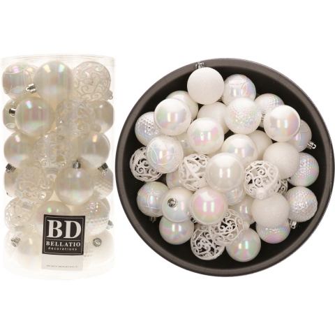 Kerstballen - 74x st - parelmoer wit - D6 cm - kunststof - onbreekbaar - kerstversiering -