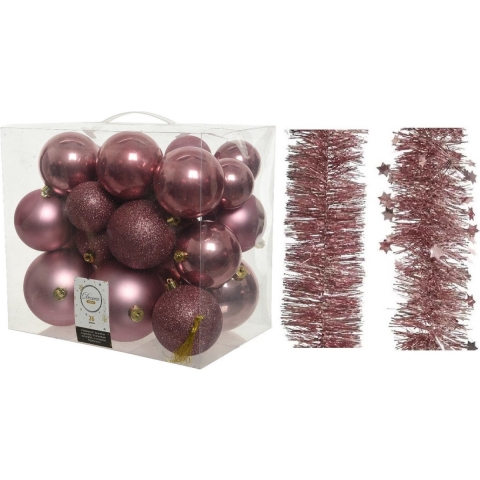 Kerstversiering kunststof kerstballen 6-8-10 cm met folieslingers pakket oud roze van 28x stuks -