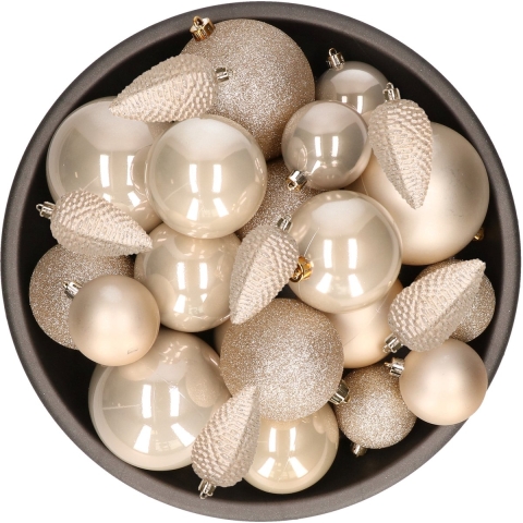 Kerstballen en dennenappels ornamenten - 32x st - champagne - kunststof - 6, 8 en 10 cm -