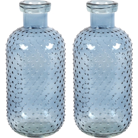 Bloemenvaas Cactus Dots - 2x - blauw transparant - glas - D11 x H24 cm -