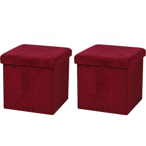 Poef/hocker - 2x - opbergbox zit krukje - velvet rood - polyester/mdf - 38 x 38 cm - opvouwbaar -