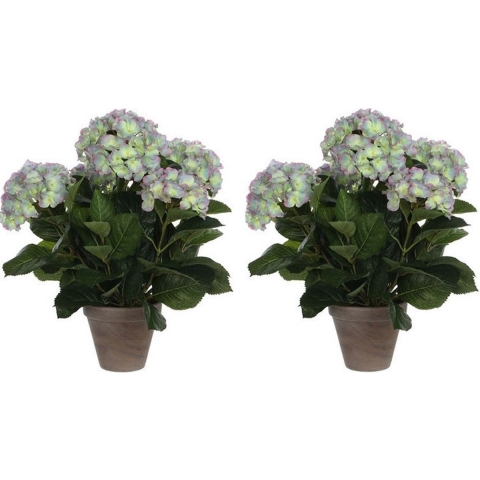 2x Groene/paarse Hortensia kunstplanten 45 cm in pot -