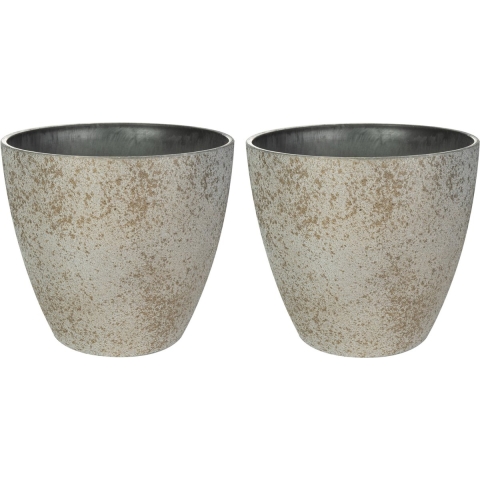 Bloempot/plantenpot - 2x - buiten - beige/goud - D29 en H22 cm - kunststof/steenmix -