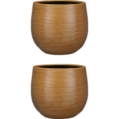 Set van 2x stuks bloempotten okergeel ribbels keramiek voor kamerplant H20 x D25 cm -