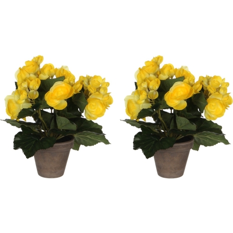 3x stuks gele Begonia kunstplant 25 cm in grijze pot -