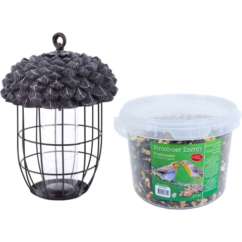 Metalen vogel voedersilo eikel aan hanger 29 cm met 4-seizoenen vogel strooivoer 2,5 kg -
