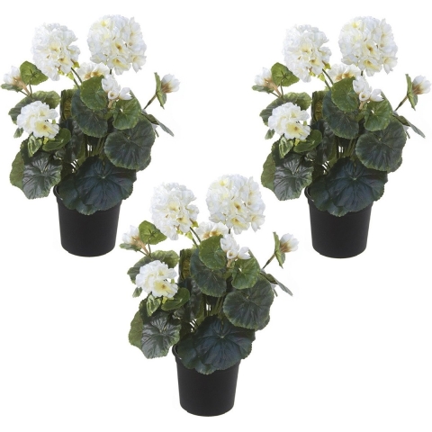 Set van 3x stuks witte geranium Pelargonium Graveolens kunstplanten in zwarte kunststof pot 35 cm -