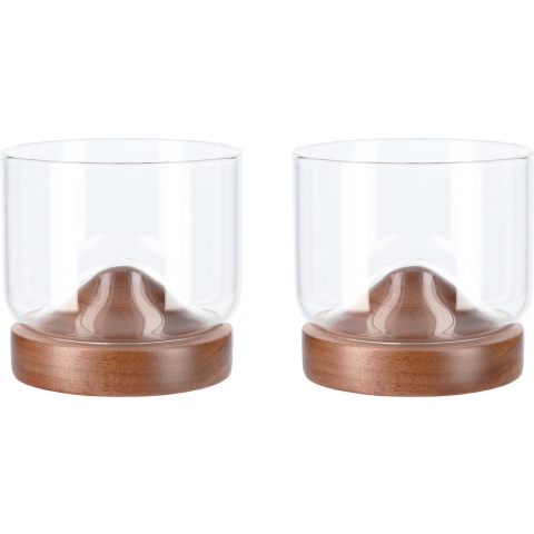 Aretica Whiskey glas met houten onderzetter - Bruin - set van 2