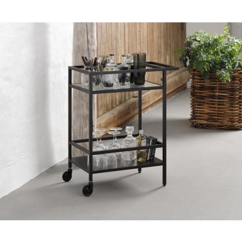 Nordic Home Olan glazen bijzettafel met wieltjes - zwart