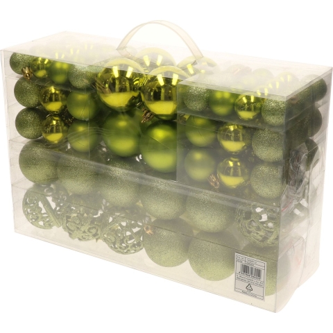 Pakket met 110x stuks kunststof kerstballen/ornamenten met piek lime groen -