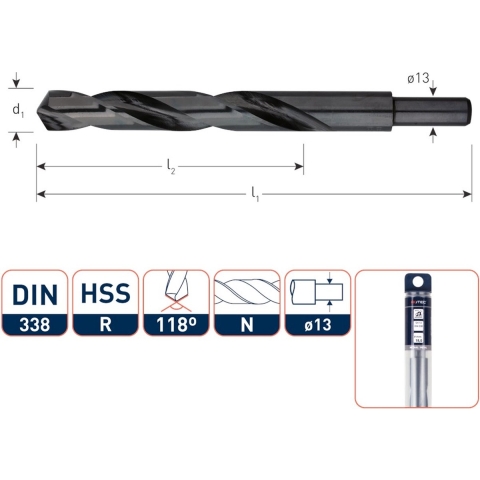 Rotec HSS Spiraalboor DIN 338 (Schacht=13) 22,5 mm - 1202250