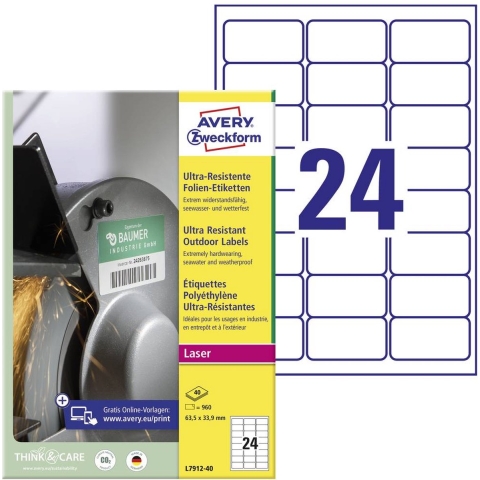 Avery-Zweckform L7912-40 Universele etiketten 63.5 x 33.9 mm Polyethyleen folie Wit 960 stuk(s) Permanent hechtend Laser (kleur), Laser (zwart/wit)