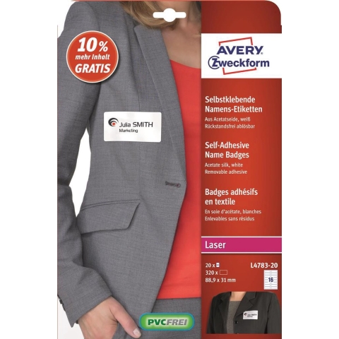 Avery-Zweckform L4783-20 Naametiketten 88.9 x 31 mm Acetaatzijde Wit 320 stuk(s) Weer verwijderbaar Laser (zwart/wit), Laser (kleur), Kopiëren (zwart/wit),