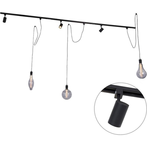 QAZQA Modern railsysteem met 3 spots en 3 hanglampen zwart 1-fase -