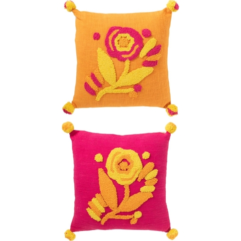 J-Line Kussen Vierkant Borduurwerk Bloem+Pompons Katoen Mix Assorti