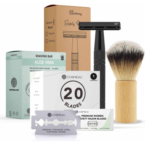 Bamboozy Safety Razor Aluminium Starterkit + Scheerkwast + Scheerzeep Mat Zwart 1 set