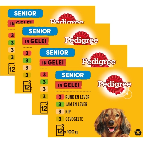 4x Pedigree Senior Honden Natvoer Vlees en Gevogelte in Gelei 12 x 100 gr