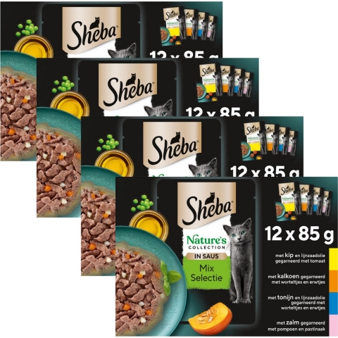 4x Sheba Nature's Collection Kattenvoer Natvoer Mix Selectie in Saus Maaltijdzakjes 12 x 85 gr