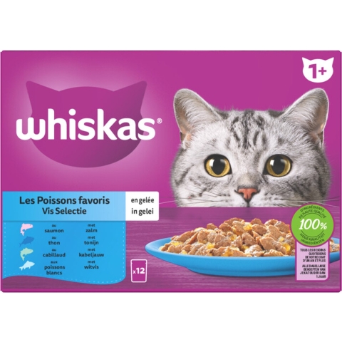4x Whiskas 1+ Vis Selectie in Gelei Maaltijdzakjes Multipack 12 x 85 gr