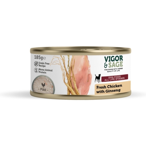 12x Vigor&Sage Hondenvoer Vers-in-Blik Kip - Ginseng 185 gr