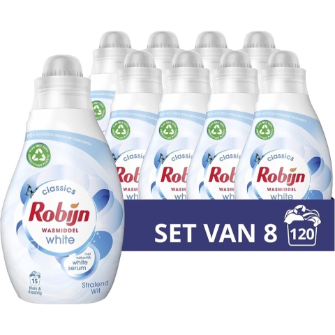 8x Robijn Klein&Krachtig Wasmiddel Stralend Wit 15 Wasbeurten 525 ml