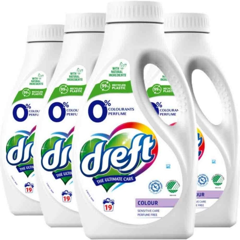4x Dreft Vloeibaar Wasmiddel 0% Gekleurde Was 19 Wasbeurten 988 ml