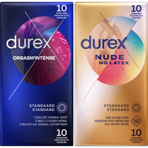 Durex - Orgasm Intense Condooms 10 stuks&Nude No Latex Condooms 10 stuks - Pakket