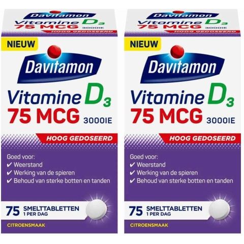 Gratis Verzending: 2x Davitamon Vitamine D3 75mcg 75 smelttabletten