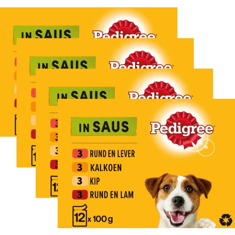 4x Pedigree Adult Hondenvoer Maaltijdzakjes Multipack Vlees&Gevogelte in Saus 12 x 100 gr