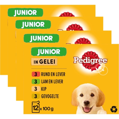 4x Pedigree Junior Hondenvoer Maaltijdzakjes Multipack Vlees in gelei 12 x 100 gr