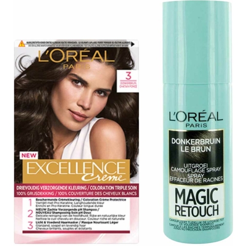 L'Oréal Excellence Crèmekleuring 3 Donkerbruin 1x&Magic Retouch Uitgroeispray Bruin 1x 75 ml Pakket