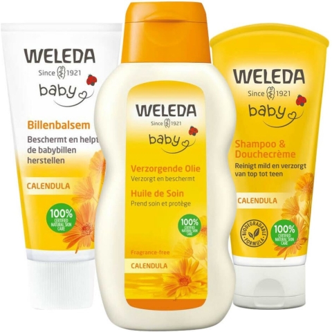Weleda Baby Musthave - Calendula Verzorgende Olie 1 x 200 ml, Billenbalsem 1 x 75 ml&Babyshampoo&Douchecrème 1 x 200 ml - Pakket