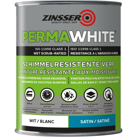 Zinsser Permawhite Satin Zijdeglans - Badkamermuurverf - Wit - 1L