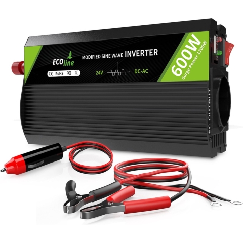 EcoLine - Omvormer 24V Naar 220V/230V sigarettenaansteker - 600w Vermogen 1200w piek - Gemodificeerde Sinus - Spanningomvormer - vrachtwagenlader - stopcontact