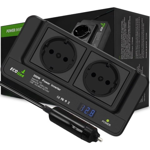 EcoLine - Auto Omvormer 12V Naar 220V/230V - 200W Autolader - stopcontact voor in de auto met 4x USB - splitter