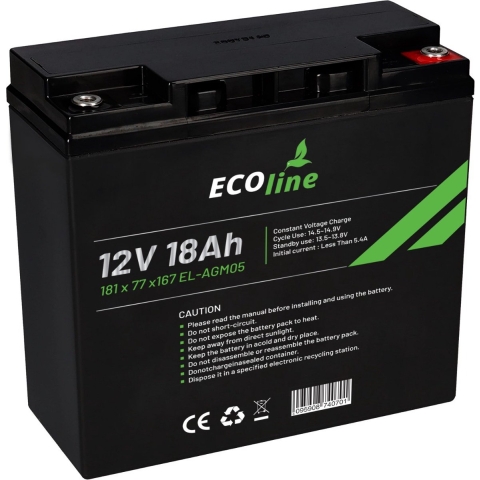 EcoLine - AGM 12V 18AH - 18000mAh VRLA Batterij - 181 x 77 x167 - Deep Cycle Accu