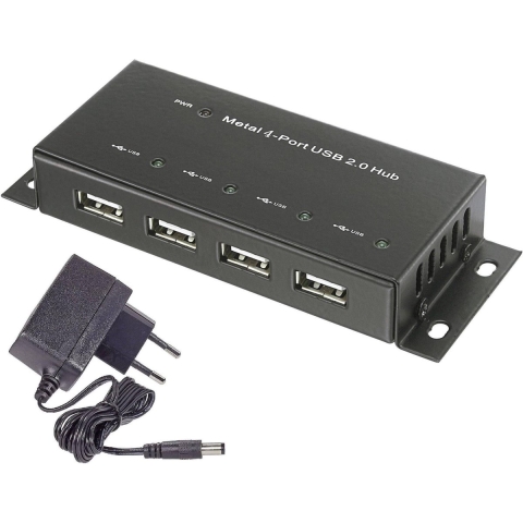 Renkforce RF-4830984 USB 2.0-hub 4 poorten Met metalen behuizing, Voor wandmontage Zwart