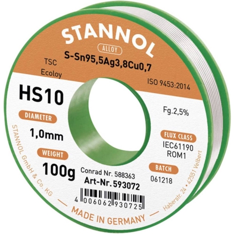 Stannol HS10 2510 Soldeertin, loodvrij Spoel Sn95,5Ag3,8Cu0,7 ROM1 100 g 1 mm