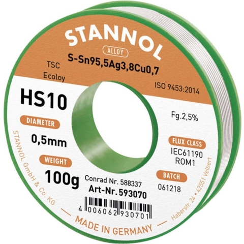 Stannol HS10 2510 Soldeertin, loodvrij Spoel Sn95,5Ag3,8Cu0,7 ROM1 100 g 0.5 mm