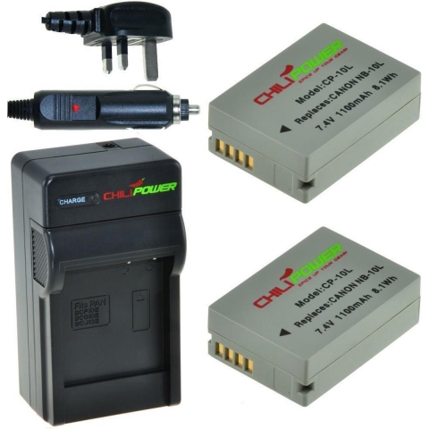 2 x NB-10L accu's voor Canon - Charger Kit + car-charger - UK version