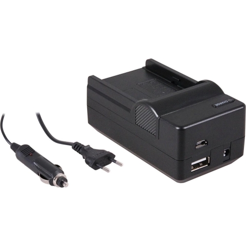 4-in-1 acculader voor Sony NP-FM500H accu - compact en licht - laden via stopcontact, auto, USB en Powerbank