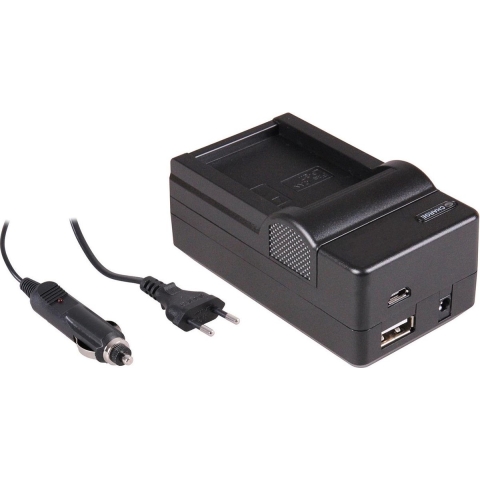 4-in-1 acculader voor Olympus BLH-1 accu - compact en licht - laden via stopcontact, auto, USB en Powerbank