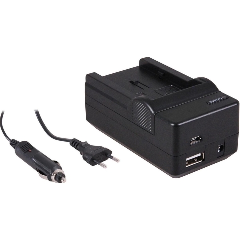 4-in-1 acculader voor Canon NB-2LH accu - compact en licht - laden via stopcontact, auto, USB en Powerbank