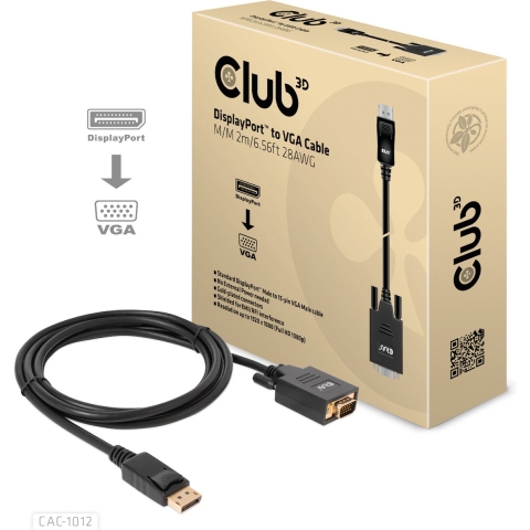 club3D CAC-1012 DisplayPort-kabel DisplayPort / VGA Aansluitkabel DisplayPort-stekker, VGA-stekker 15-polig 2.00 m Zwart
