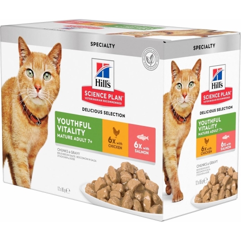Hill&apos;s Mature Adult Senior Vitality nat kattenvoer met kip en zalm maaltijdzakje combipack 2 dozen (24 x 85 g)