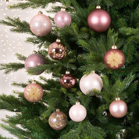 Kerstballen Mix In Roze. Mix Van Glans, Mat En Gedecoreerde Balen Afgewerkt Met