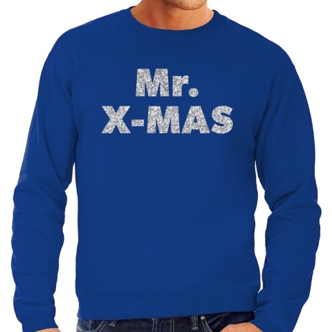 Foute Kersttrui Mr. x-mas zilveren glitter letters blauw heren S (48) -