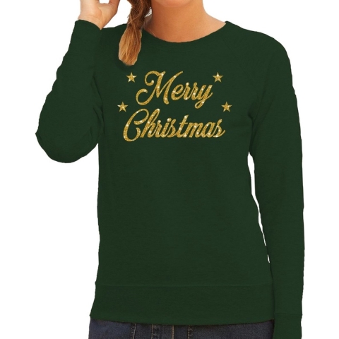 Kersttrui Merry Christmas gouden glitter letters groen dames L (40) -