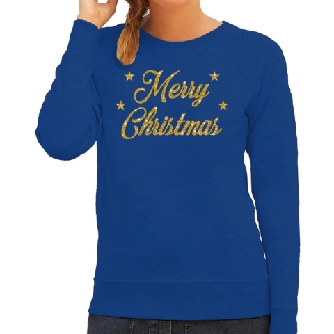 Kersttrui Merry Christmas gouden glitter letters blauw dames XL (42) -