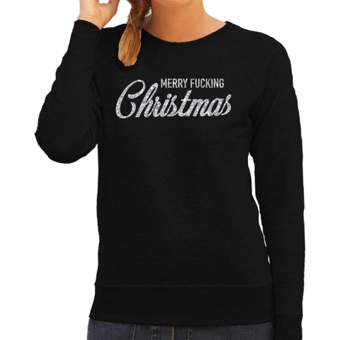 Kersttrui Merry Fucking Christmas zilver glitter zwart dames 2XL (44) -
